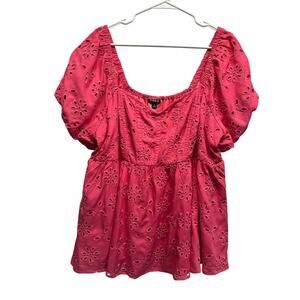 NWT Torrid Women Blouse Bright‎ Pink Embroidered Off Shoulder Eyelet 2X
